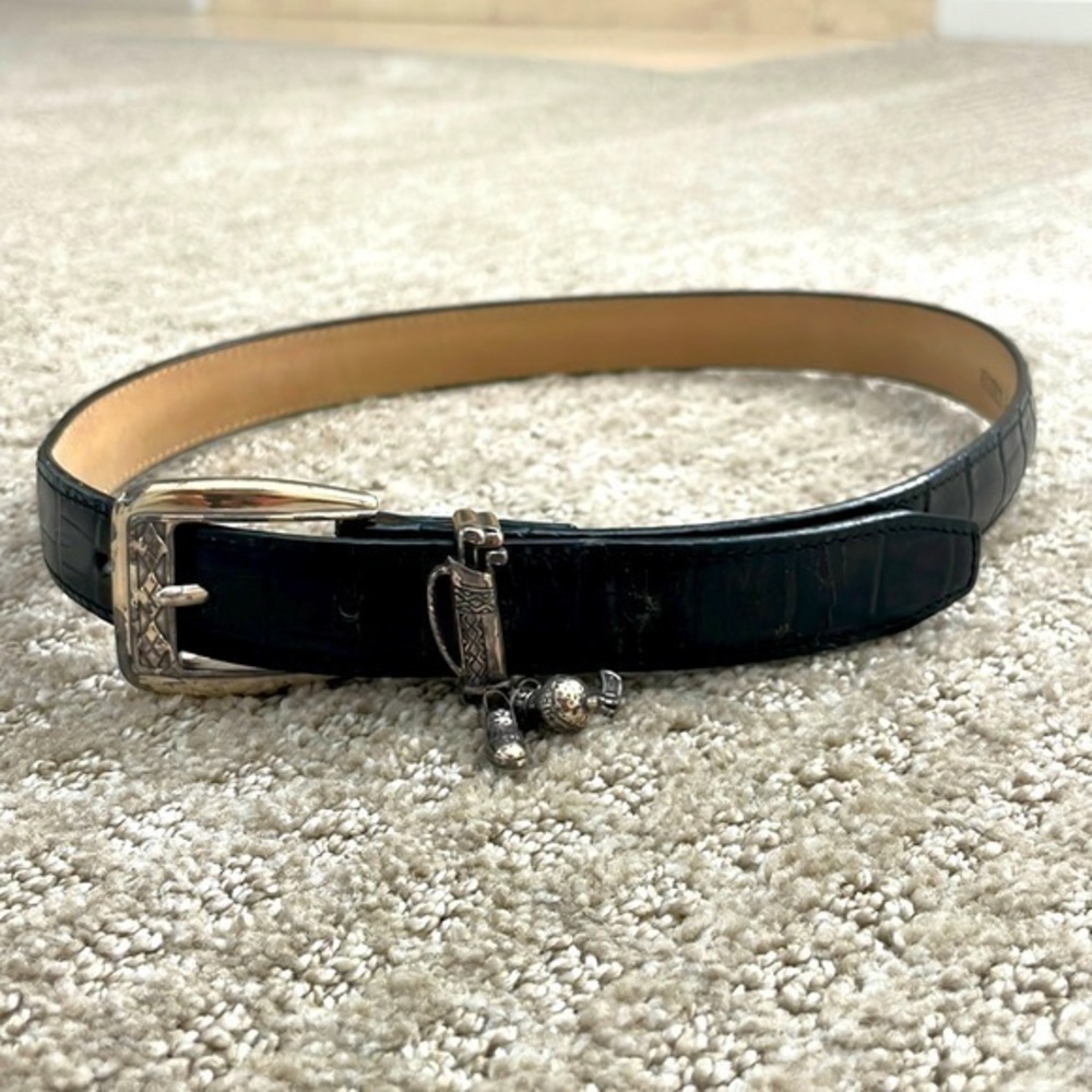 Vintage Brighton Black Leather Belt With Golf Bag and Charms Buckle Small